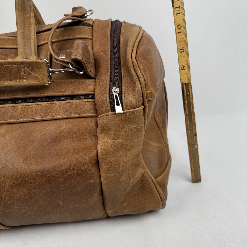 Vtg Tan Leather Duffle Bag Travel Weekender Gym Luggage Side Grab Handles 22" - Picture 12 of 13